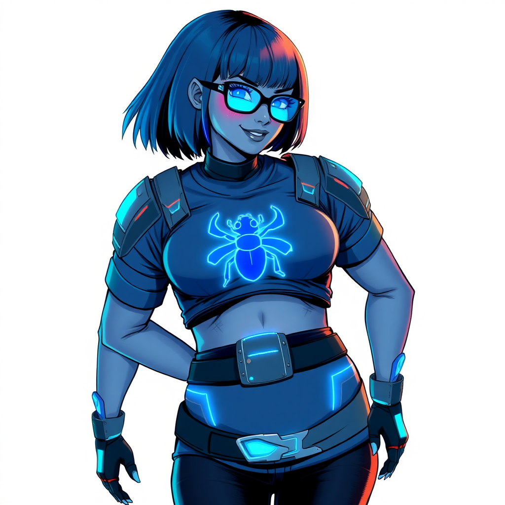 A 28-year-old, full-figured, metallic middle gray skinned cyberpunk computer program hybrid with a short maximum blue bob cut. She has a non-athletic build, highlighted by a prominent, round midsection (with a focus on her round belly). As a digital sidekick to her cyberpunk vigilante boyfriend, her middle gray metallic skin and maximum blue lipstick emphasize her digital nature. She wears a digital, computerized costume consisting of a huge, tight-fitting, neon blue glowing armored, maximum blue t-shirt (accentuating her belly) with a neon blue glowing chest icon of a beetle, black pants, a black belt with a neon blue glowing digital beetle buckle, and black hi-tech gloves. Her bright blue eyes, black eyeglasses with lenses glowing bright neon blue, and shy smile with neon red blush accentuate her nerdiness. She bashfully bows her head (while still facing the screen) with her hands behind her back, her t-shirt covers her midsection (especially her belly) and emphasizes her full-figured, non-athletic physique. She is on a solid white background. She is drawn as if she was in a retro 2D cyberpunk fighting game. She is clearly non-athletic, with a focus on her full figure. Make sure her outfit covers all of her bare skin (especially her midsection).