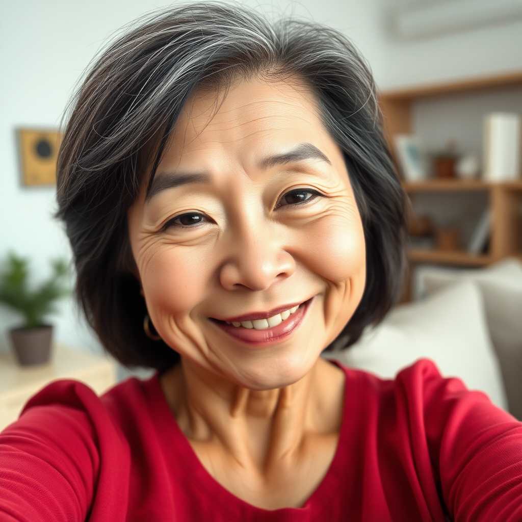 A Chinese middle-aged woman taking a selfie with a confident smile, lines of wisdom on her face, simple home background, natural light, ultra HD, real photo style