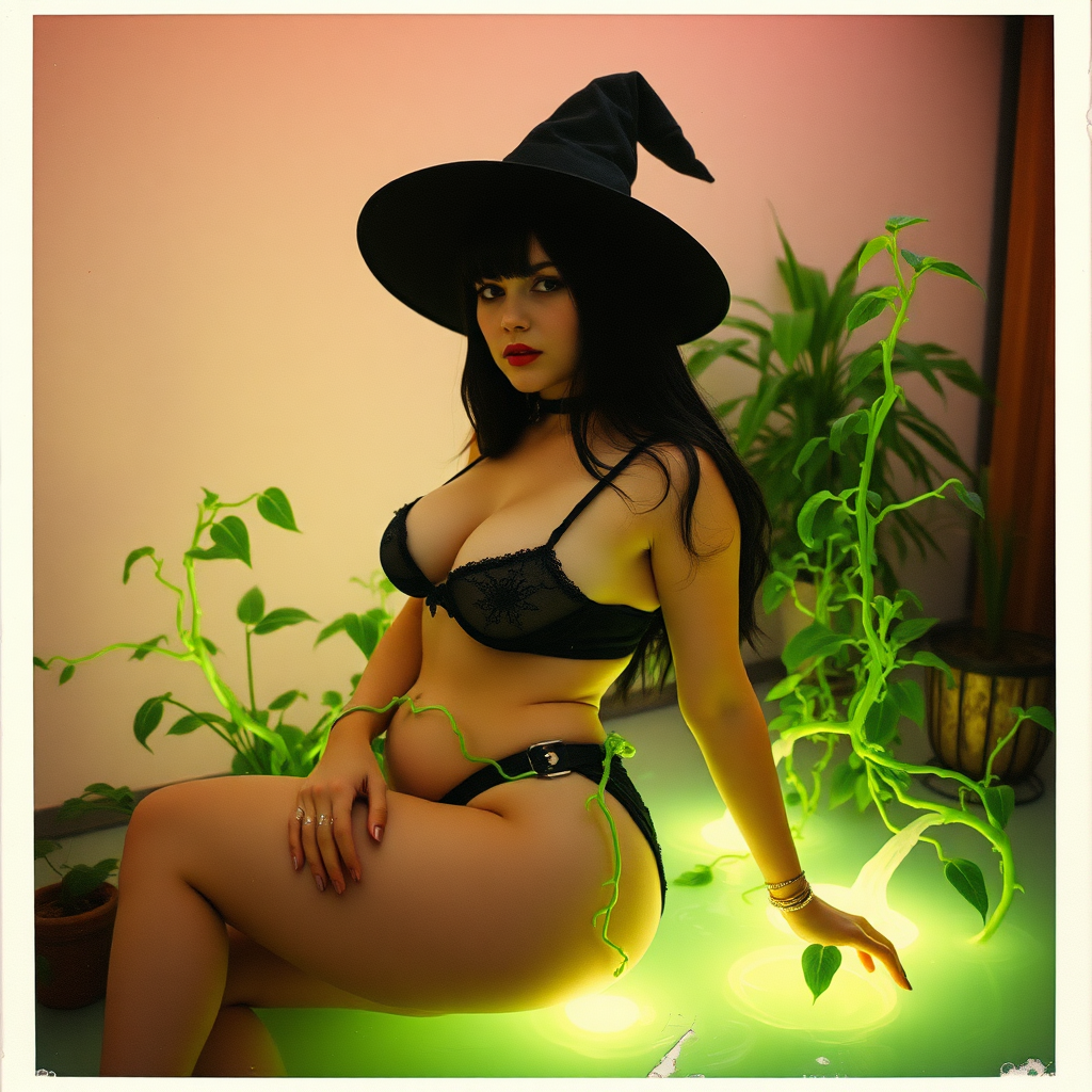 An old polaroid photo with a color tint to the photograph and visible light leaks.  The photo depicts a sexy alt goth girl with pale skin and black hair. She has a plump booty.  She has large breasts with ample cleavage and she is wearing a skimpy thong.  The fabric of her thong is skimpy and black and barely covers her and her bra is translucent and black.  She is in a photography studio with artistic lighting and plants are all around her.  She is wearing a witch hat.  She is surrounded by glowing translucent green vines coming out of magic bright glowing pools of water on the floor, wrapped around her arms and legs.