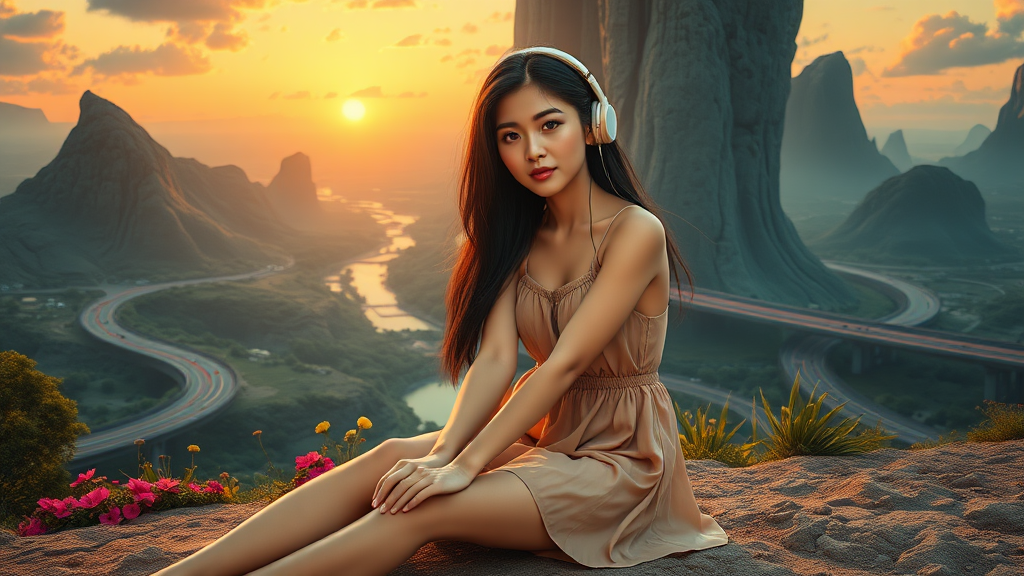 pretty asian woman with long hair in pretty short dress, sitting on the ground with headphones, on an alien planet with an alien city, nice greenery, flowers, rivers and nice sunrise clouds, highways and streets, ultra realistic view and ultra high cinematic detail