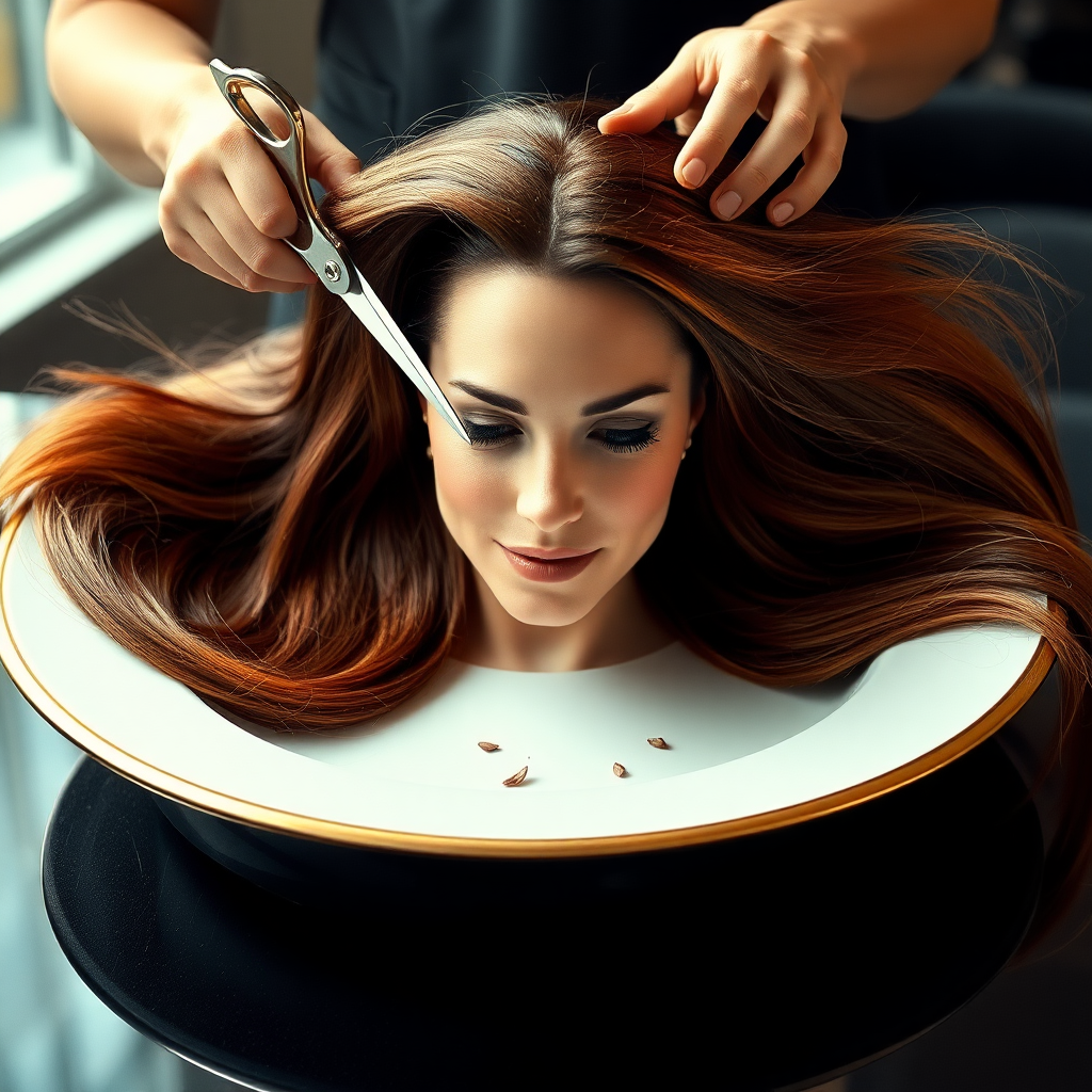 In a bizarre, surreal tableau, the polished surface of an elegant dining plate cradles the disembodied head of a strikingly beautiful Kate Middleton, her long, flowing hair cascading like a glossy waterfall of deep chestnut and honey highlights. The hair is luxuriously arranged, strands shimmering under the soft, ambient light that bathes the scene in an ethereal glow.

A skilled hairdresser, clad in a sleek black apron, stands poised with a pair of gleaming scissors, carefully trimming the endlessly luxurious locks that frame Kate's serene, almost ethereal features. The air is thick with the scent of salon products mingling with delicate hints of floral fragrances, creating an unusual yet strangely inviting atmosphere. The hairdresser's focused expression reveals a meticulous dedication as snippets of hair fall gracefully onto the pristine plate, echoing a sense of both artistry and absurdity.

The overall emotional tone conveys a dreamlike quality, inviting viewers to ponder the juxtaposition of beauty, identity, and the bizarre circumstances that bind them in this extraordinary moment.