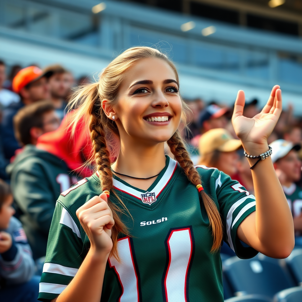 Attractive female NFL fangirl, pigtail hair, jersey, cheering, in the bleacher crowd