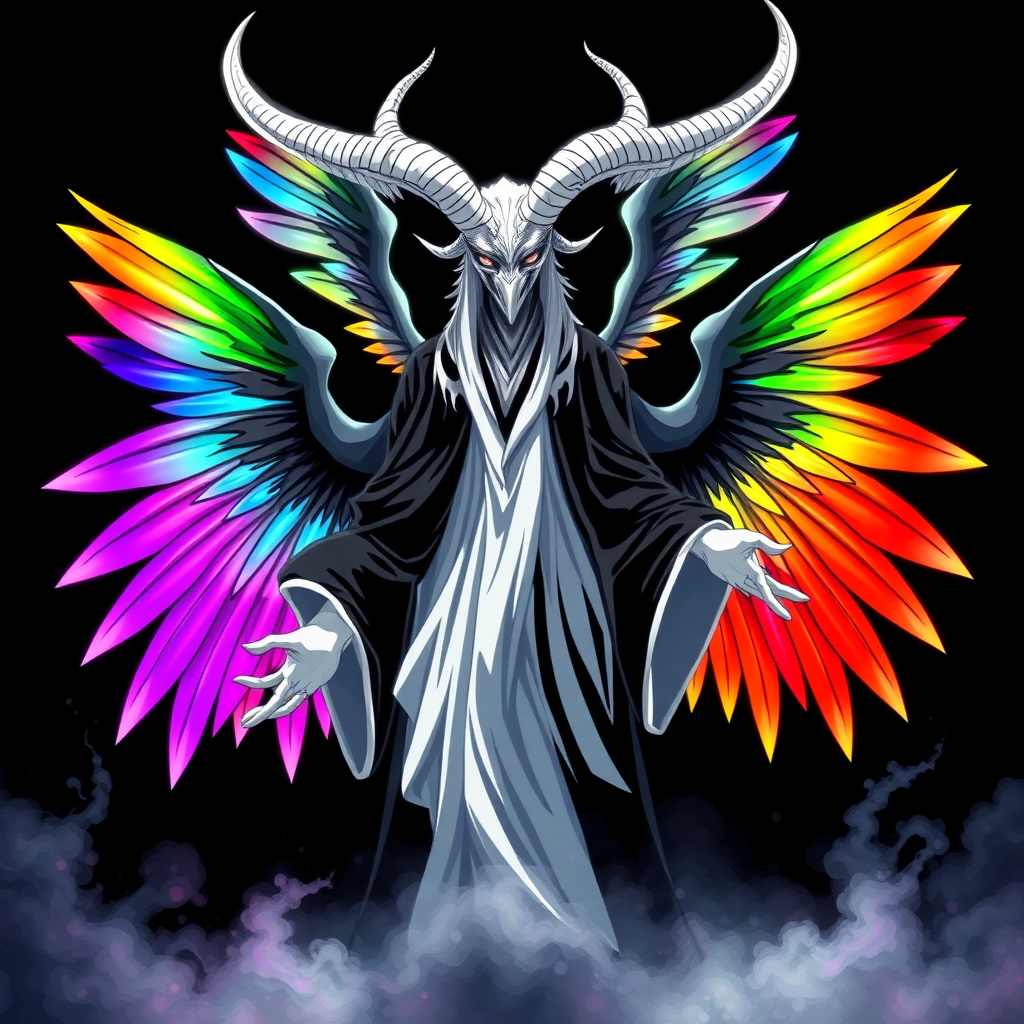 In an anime-styled artwork set against a deep black background, a towering humanoid figure reminiscent of a tall, white eerie-malevolent angelic reptilian goat-owl-bull god commands attention, he is Yaldabaoth the Demiurge. Its striking black-white eyes shimmer with an ethereal light, framed by two majestic white goat horns that curve elegantly from its head, his whole face is concealed by a bright white-shining light. Draped in flowing black and white robes that ripple like smoke, the figure exudes an air of mystique and power. Surrounding its form is a chaotic, radiant aura that shifts through the colors of the rainbow, creating a mesmerizing spectacle.

Three magnificent angelic wings, each a vibrant blend of rainbow hues, unfurl gracefully from its back, their feathers shimmering with an otherworldly glow. With hands outstretched as if inviting connection, the figure floats serenely in the void, its gaze locking onto the viewer with an intense, otherworldly presence that captivates and wrath.