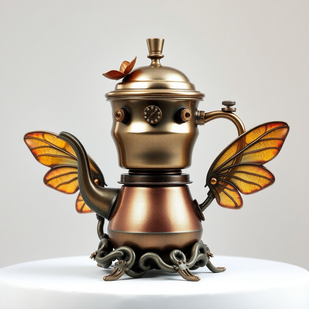 An organic-looking coffee percolator. That looks as if it had been grown and not made. Inspired with a general steampunk design and décor. With shiny iridescent highlights like those on insect wings or reflections of ripples on liquid.