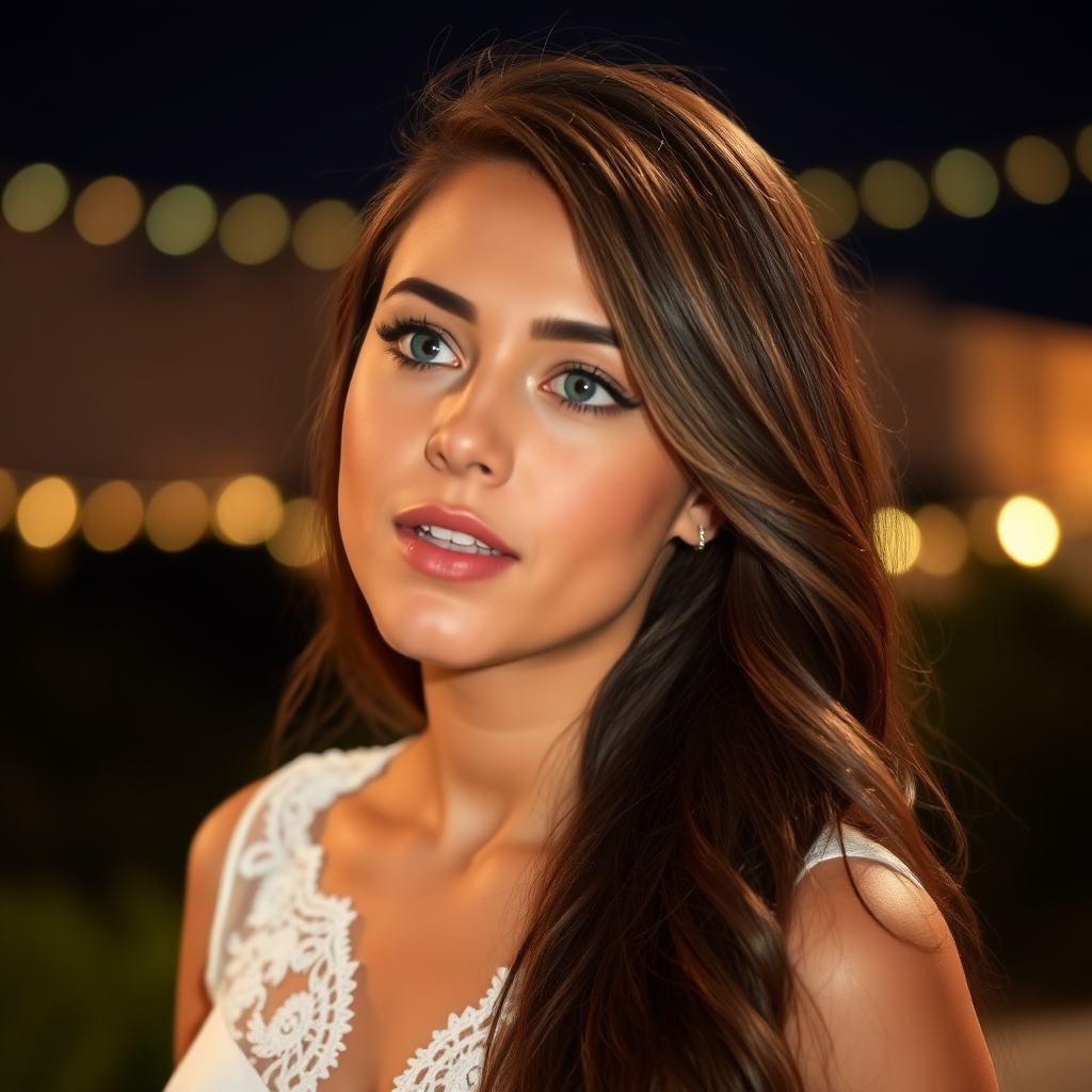 a young woman singing. long brunette hair with highlights, bright blue eyes. suntanned skin. small lips colored pale rose. looking to the side. wearing an elegant long white dress with transparent lace. view from far. night sky in background. photo