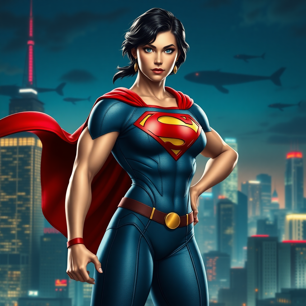 Generate a full-length photorealistic image of a unique character named Super Lee. This hybrid superhero should comprise celebrated comic character Superman's familiar features including his black wavy hair, strong jawline, blue eyes and a red cape, with the body characteristics of Chun-Li from Street Fighter. Super Lee's physique should display Chun-Li's empowering physical traits including her strong muscular legs, prominent toned arms, and agile and sturdy build. Emphasize the fusion of these iconic figures by including Superman's emblematic 'S' logo on a sporty female top similar to what Chun-Li wears. The character is to have a confident and vigilante stance expressing the combined power of both iconic figures. For the background, create an evening cityscape depicting Metropolis, showing towering skyscrapers, glowing city lights, and a hint of an alien invasion to tie into Superman's narrative.