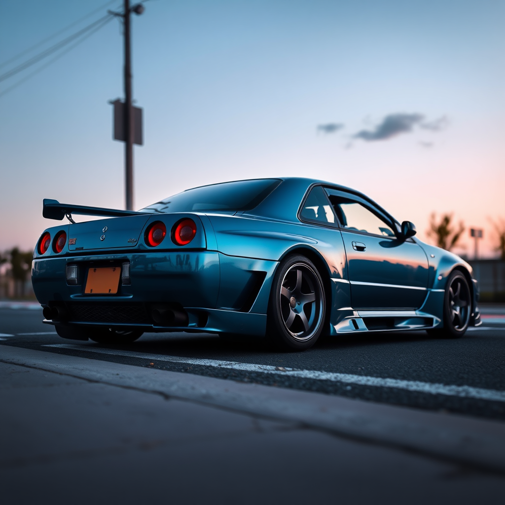 the car is parked on the side of the road, inspired by Taiyō Matsumoto, tumblr, restomod, nd4, c4 metallic shine nissan skyline r34