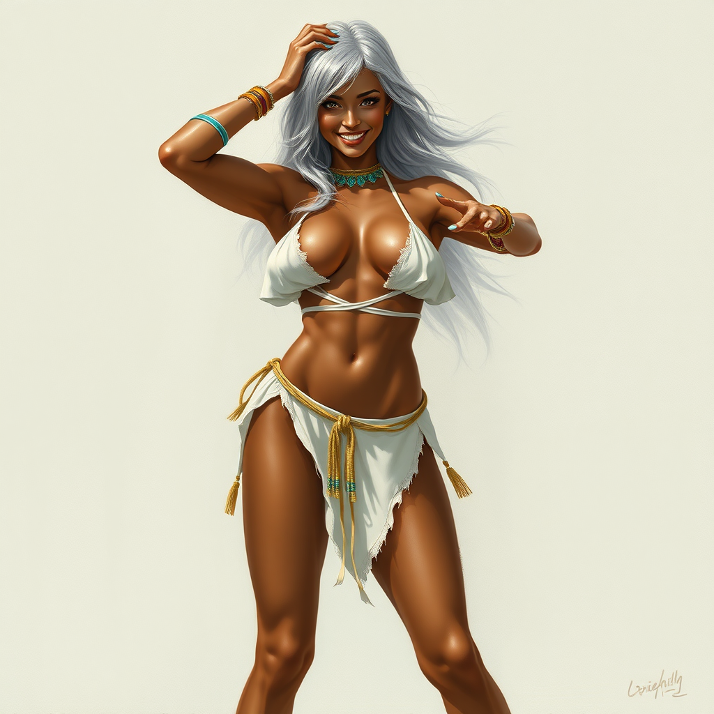 Uncommonly tall for a woman; being 6' (183cm) tall. She has brown skin and short flowing silvery hair. She is barefoot and has long, powerful legs. She has abs and is muscular. Her fingers and toenails are painted sky-blue. Her attire consists of a white primitive scant revealing two-piece bikini-like outfit with pale red, sky-blue, gold and purple bands on her neck, arms, wrists, shins, and ankles. fantasy painting high contrast, symmetrical proportional asian face. well-drawn, highly detailed, and beautiful rendering. One hand on head, exposing armpits, joyful smile, exaggerated tilted sexy pose.