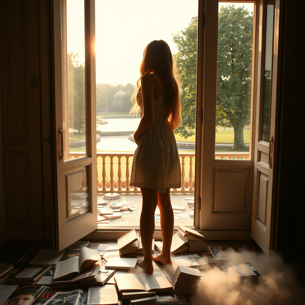 A young woman standing in the door frame of an open terrace door and looking outside to a beautiful park with a lake and trees. She is wearing a simple dress and is barefooted. Long brunette hair with highlights. On the floor behind her in the room, there are many disrupted books and magazines. Warm light outside, darkness inside. The books and magazines slowly disappear into fog on the ground of the room. Sun on the terrace. No fence. Photo.