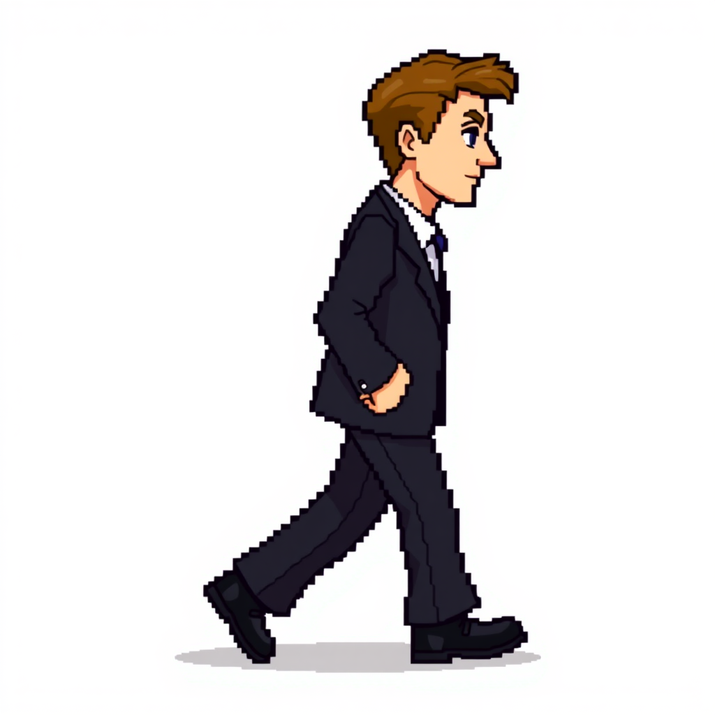 Here is an example of a detailed prompt to create the 8-bit model of a character:  
> Create an 8-bit character in Gameboy Advance style, representing a middle-aged man with light brown hair and fair skin. The character wears a dark suit (black jacket and pants) and black shoes. He has a serious demeanor and a mature but still energetic appearance. The design must include 4 movement poses to represent walking animation (left side view):  
>  
> - **Pose 1:** Left foot forward, right arm bent back, left arm forward. The body is slightly leaning forward, giving a sense of movement.  
> - **Pose 2:** Neutral position, with feet together and arms at the sides. The character appears balanced, ready to move to the next step.  
> - **Pose 3:** Right foot forward, left arm bent back, right arm forward, with the body still slightly leaning forward.  
> - **Pose 4:** Transition position, with both feet off the ground, as if the character is moving from one step to another.  
>  
> The character must be drawn with a palette limited to 16 colors, respecting the graphic style of the Gameboy Advance era.