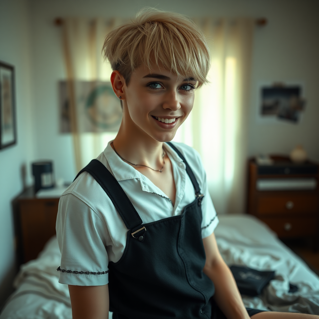 photorealistic, ultra high resolution, 16K, surreal fantasy, soft studio lighting, a pretty 16 year old goth male, slim male physique, short blonde hair, goth makeup, earrings, sheer pantyhose, girls-school uniform, in the bedroom - , excited smile, facing the camera.