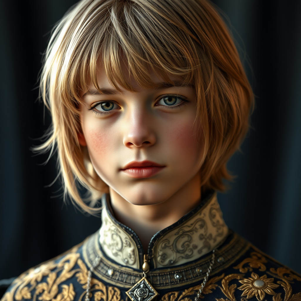 16yo teen boy prince, long bob cut, embroidered with gold and diamonds medieval cloths. photorealistic, ultra high resolution, 16K,