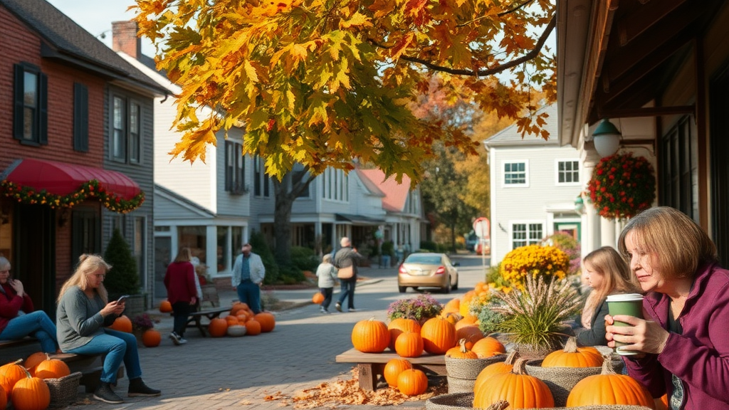 Depict an HD wide format image showing a bucolic New England town heading into fall and all of the highlights that come with the fall season. Including things like leaves changing color, pumpkins, people with fall coffee drinks and football.