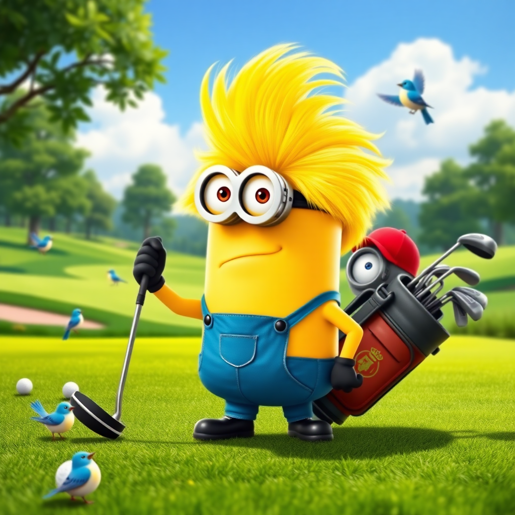 A minion from "Despicable Me" is playing golf on a beautiful golf course. He has a big bright yellow wig of hair. Next to him, another minion wearing a red ballcap is carrying his golf bag with the golf clubs in it. There are bluebirds and sunshine and the scene is beautiful and peaceful.