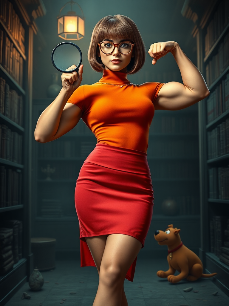 Photorealistic full-length portrait: Velma Dinkley reimagined. Merge Velma's iconic head, hairstyle, facial features onto male bodybuilder's inverted triangle physique. Adapt her classic orange turtleneck, red skirt outfit to fit muscular frame. Retain signature glasses. Background: dimly lit library or mystery scene, dusty bookshelves, ancient artifacts, subtle clues scattered. Pose: confident stance, flexing muscles while holding magnifying glass. Lighting: moody, emphasizing definition of muscles and Velma's determined expression. Include hints of Mystery Machine or Scooby-Doo in background for context.