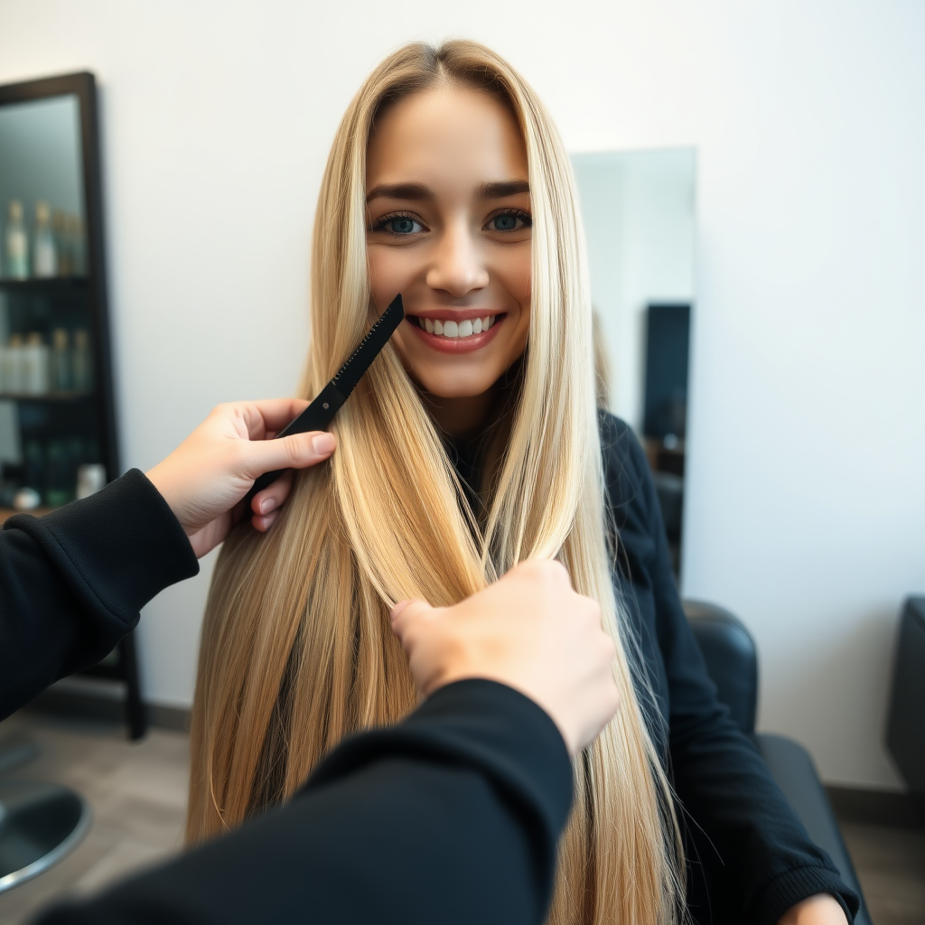 POV, beautiful very long haired blonde woman sitting in a hair salon smiling at the camera while I reach out from behind the camera to trim her very long hair. Plain gray background.