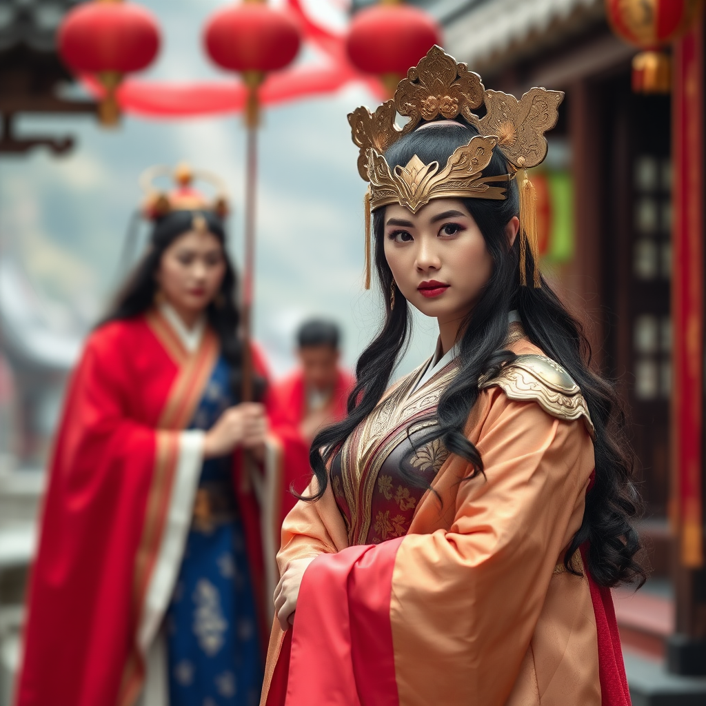 The Wonder Woman in Hanfu, the Chinese mythological figure Chang'e wearing JK costume, shot from a distance. In the style of documentary photography, style raw.