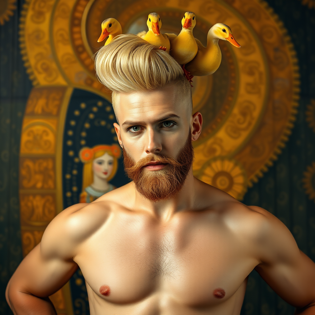 The background is a painting by Gustav Klimt. A 4K hyper-realistic photograph in the style of Kandinsky, blending surrealism with kitsch. The subject is a man with an extravagant, Italian blond haircut, styled in a flamboyant bun, paired with a sexy, Masculine look. He sports a neatly groomed, three-day beard — short, evenly distributed, with a light shadow effect across the chin, jawline, and cheeks. His makeup is dramatic, like a drag queen, adding to the boldness of his appearance. He has a muscular, athletic build. He’s naked, standing confidently with his hands on his hips. Above him, smaller ducks rest playfully on his head.