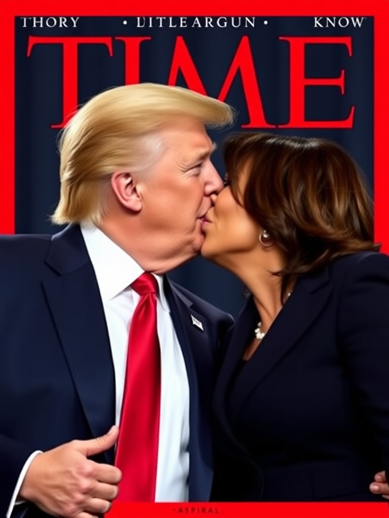 if Time Magazine had a cover of Trump and Kamala Harris a passionate kiss between them.