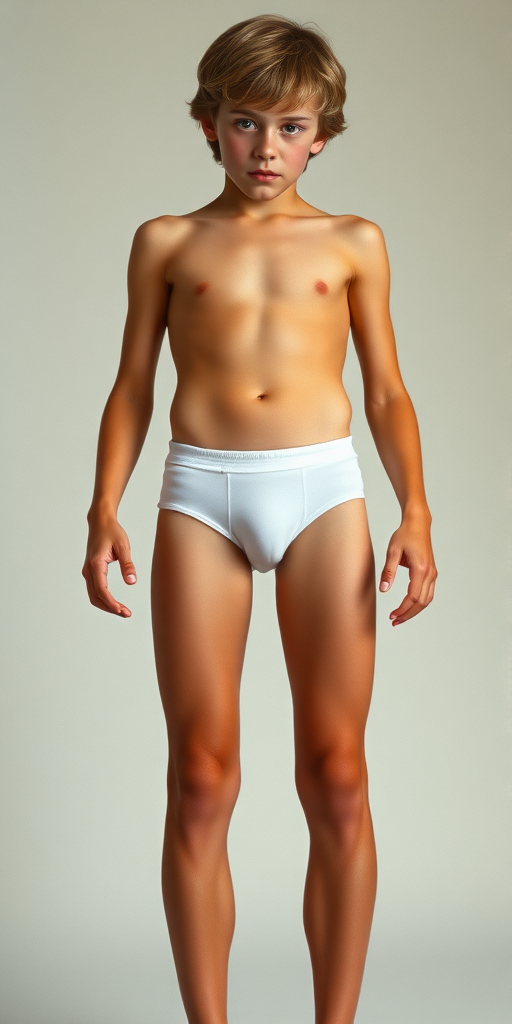 photorealistic, ultra high resolution, 16K. A tall skinny 14yo teen boy wearing tight narrow girly briefs. Long legs, bare thighs, narrow hips. Vintage photograph, 1980s.