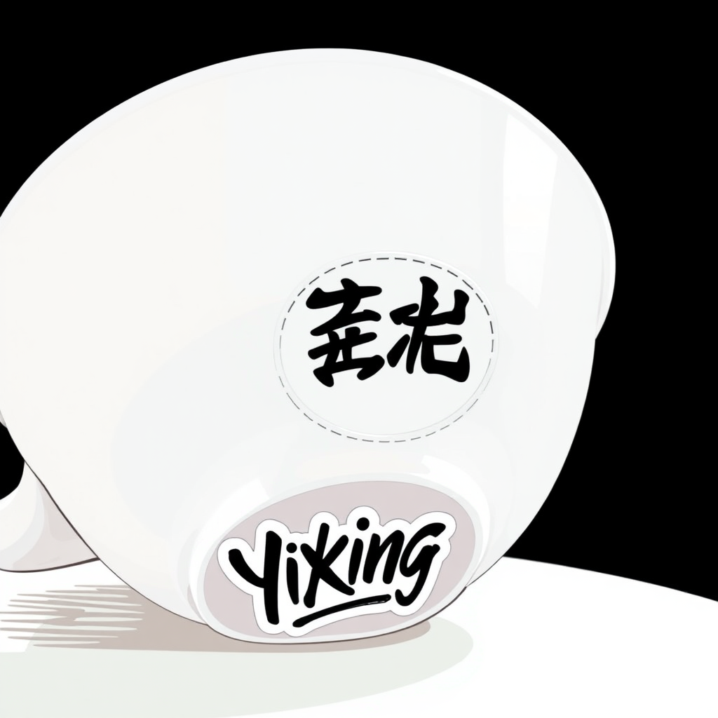 A sticker with the word "Yixing" is printed on the bottom of a tea set, using the style of Prudens Herd, Peteros Afshar, traditional animation, graffiti, learning spaces, black background, and white lines.