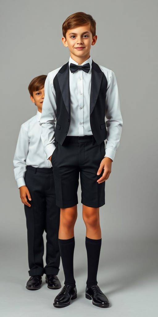 a tall 12yo teen boy, wearing black bow tie, white shirt, black formal suit with matching very tight narrow knee shorts, tube socks, shoes, long legs, narrow thighs. full-length view. light gray background. Family photo in studio. 1980s. photorealistic, ultra high resolution, 16K, Negative: grainy, blurry, bad anatomy, extra limbs, watermark.