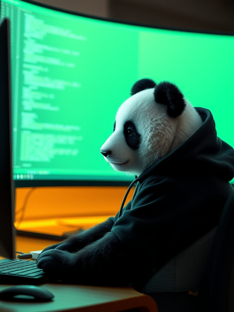 A photo realistic picture of a panda bear sitting in front of a computer. The panda is wearing a black hoodie. The computer screen emanates green light.