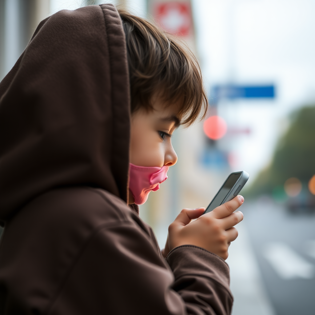 full real image of a kid using a phone turning right