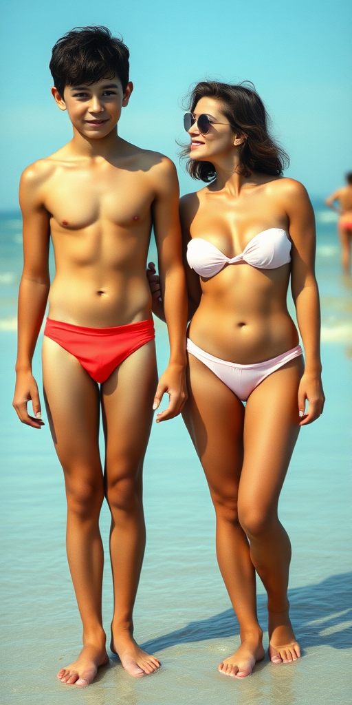 A 13yo teen boy, wearing tight speedo, long legs, narrow thighs. With a beautiful girl. Beach. full-length view. 1980s. 
photorealistic, ultra high resolution, 16K, 
Negative: grainy, blurry, bad anatomy, extra limbs, watermark.