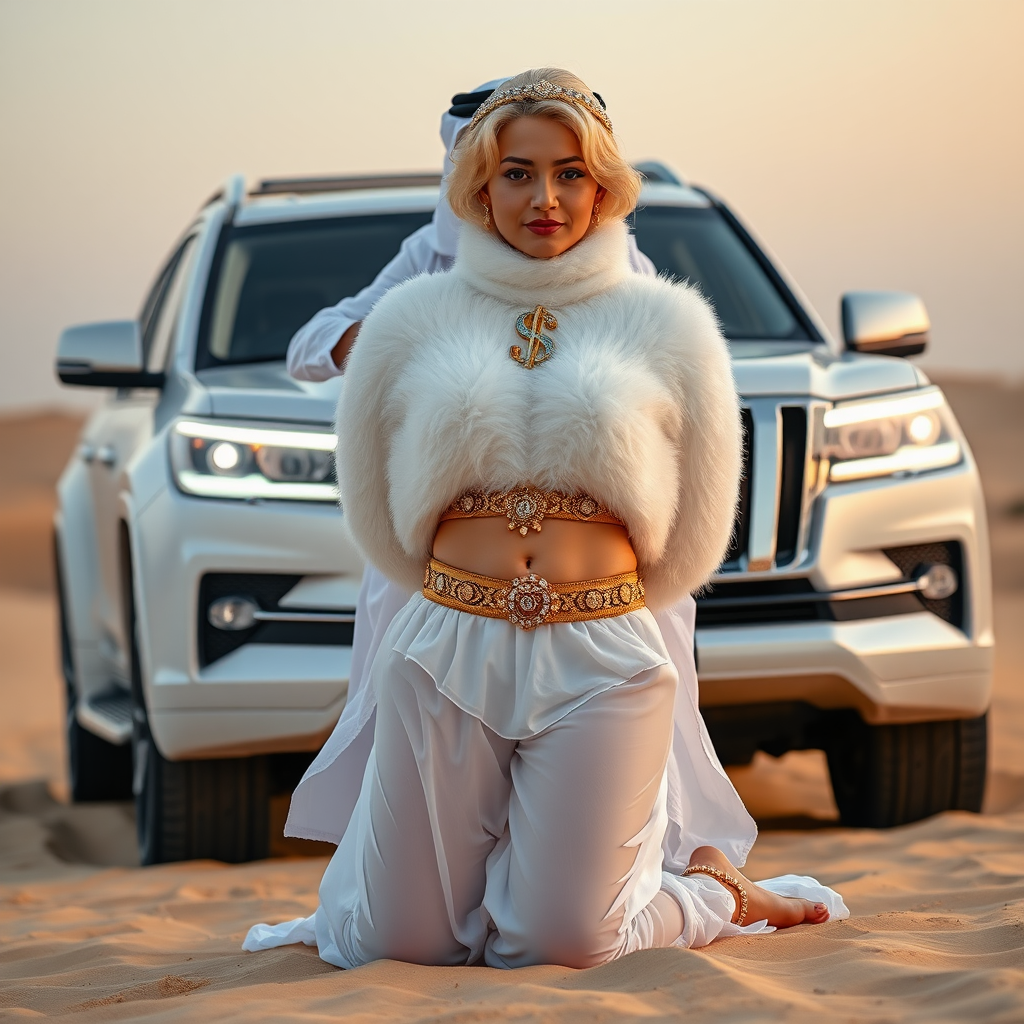 Kuwait desert dunes misty dawn, full size luxury SUV: Melissa, European 17 years old very convincing femboy “trophy-bimbo”, tamed servile docile, very beautiful feminine flawless face, rather short, by hormones very curvaceous womanly figured, platinum blond short tight curls, bold red lips, heavily made-up face, wearing Supertanya-style fluffy very fuzzy bright white angora turtleneck-poncho cropped ending under bust decorated with pearls and gemstones, striking oriental wide gold bridal protection belt, white fully transparent harem pants, full Oriental bridal jewelry including headpiece, nose-ring, coin anklets, striking diamond “$$$” letter brooch on left chest, pout frustrated, hands tied behind back, kneeling in sand in front of SUV, looking at camera. Focus on face and turtleneck-poncho. Standing behind Melissa: older overweight tall proud sheik, approvingly padding Melissa.