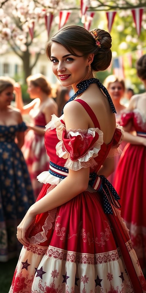 In the vibrant social atmosphere of the 1840s, an enchanting American lady exudes charm and elegance, her figure adorned in a stunning vintage evening gown crafted from exquisite fabric that features a harmonious blend of red, white, and blue, echoing the iconic stars and stripes motif. The gown cascades gracefully to the floor, its delicate layers embroidered with intricate patterns that catch the soft, diffused light, reminiscent of a long-lost vintage photograph, imbuing the scene with a warm, nostalgic glow.

Her hair is meticulously styled into an elegant bun, the glossy strands artfully twisted and secured with a matching ribbon, boldly patterned with stars and stripes, framing her face beautifully. The subtle smile gracing her parted lips, painted a soft crimson, conveys a sense of warmth and welcoming, while her bright, sparkling eyes, shining like sapphires, reflect a deep-seated pride in her country.

Around her, the atmosphere is alive with gentle whispers of laughter and the soft rustle of fabric, as other ladies in similar finery mingle, their own expressions rich with camaraderie. The faint fragrance of blooming magnolias wafts through the air, mingling with the nostalgic aroma of freshly baked pies, enhancing the wholesome, festive spirit of the gathering. The backdrop of a sun-drenched garden, dotted with patriotic bunting, enriches the scene, creating a picturesque setting that encapsulates not just a moment in time, but a sense of belonging, celebration, and national pride.