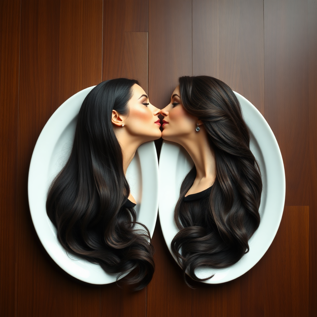 Surreal image of the disembodied heads of very long haired Meghan Markle and Kate Middleton served on plates. They are kissing each other.