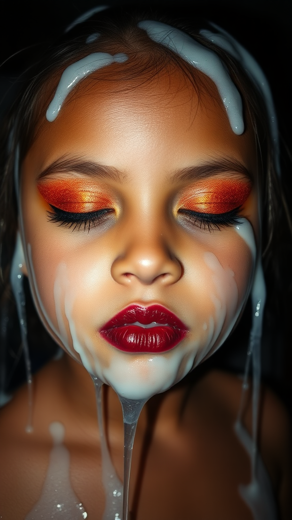 four-year-old-latina-female-child.  
She is wearing intense-orange-glitter-eyeshadow, thick-winged-eyeliner with very-dramatic-eyeliner-wings, and dark-burgundy-glossy-lipstick.  
Her face is covered with very thick random-angle streams of goopy, stringy, glistening, clear liquid with a white hue.  
Her lips are coated with the goopy liquid.  
She has her eyes closed.  
She appears to have received a facial.  
A stream of the liquid is flying horizontally towards her mouth.  
They dumped so much liquid on her face.  
Full-body-image, dark motel room at night, amateur flash photography, up-angle-shot, profile view.