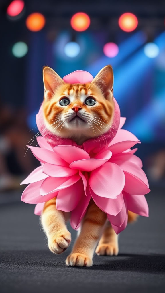 A little chubby big yes pink nose cat walking on two paws wearing a real pink flower costume doing ramp walk in a fashion show.