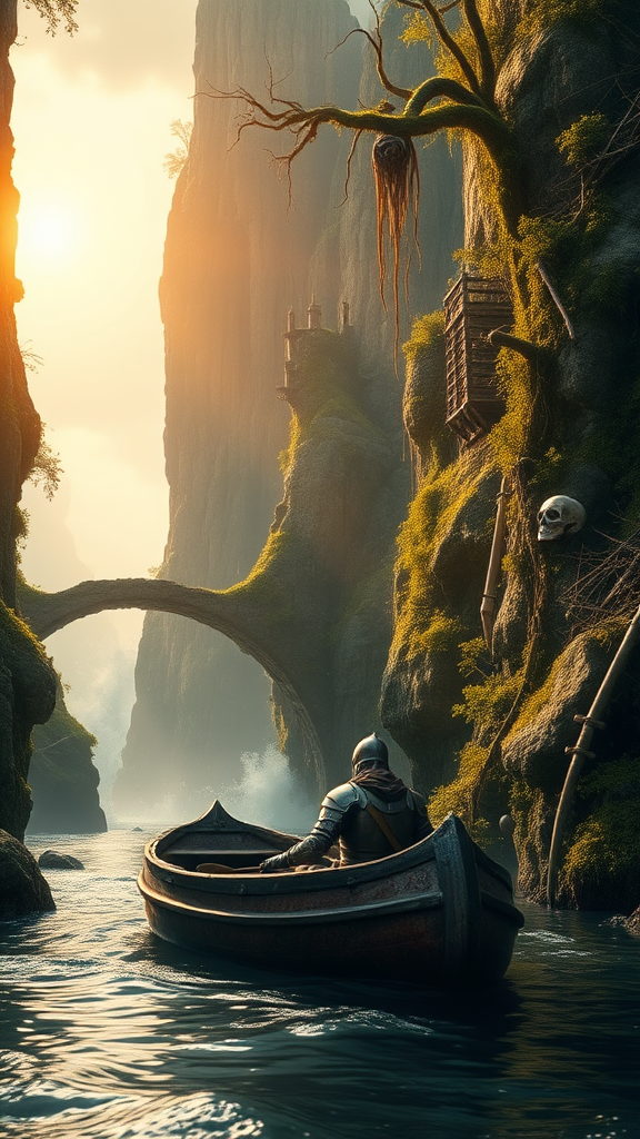 Imagine a composition reminiscent of the cinematic masterpieces of Peter Jackson's 'Lord of the Rings'. A wounded knight, his armor dented and adorned with bloodstains, weathers the storm in a small, water-logged boat. Sunlight, cascading through a gap in the towering cliffs, paints the river in a warm, golden glow. The cliffs are a testament to the passage of time, their surfaces riddled with crumbling ruins, overgrown with thick vegetation and moss. Vines weave intricate patterns, connecting the cliffs with mossy rock bridges, while branches adorned with crumbling armor and skeletal remains sway gently in the wind. The river, a ribbon of silver snaking through the dramatic landscape, eventually leads to the vast expanse of the ocean, partially unveiled by the majestic cliffs.