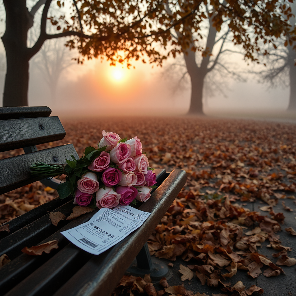 IN AN AUTUMN LANDSCAPE IN WAVES OF FOG AND A LOT OF DRY LEAVES A BOUQUET OF ROSES SCATTERED ON A PARK BENCH NEXT TO A Crumpled TICKET AND FELL DOWN ALL OVER THE LANDSCAPE IN THE LATE SUNSET