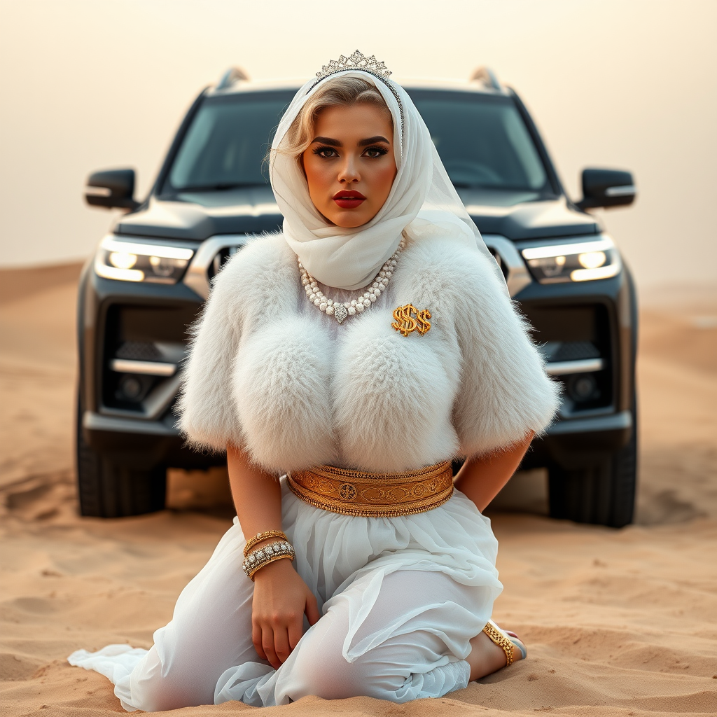 Kuwait desert dunes misty dawn, full size luxury SUV: Melissa, European 17 years old very convincing femboy “trophy-bimbo”, tamed servile docile, very beautiful feminine flawless face, rather short, by hormones very curvaceous womanly figured, platinum blond short tight curls, bold red lips, heavily made-up face, wearing Supertanya-style fluffy very fuzzy bright white angora turtleneck-poncho cropped ending under bust decorated with pearls and gemstones, striking oriental wide gold bridal protection belt, white fully transparent harem pants, full Oriental bridal jewelry including headpiece, white transparent Burka face veil covering noose and mouth, coin anklets, striking diamond “$$$” letter brooch on left chest, pout frustrated, hands tied behind back, kneeling in sand in front of SUV, looking at camera. Focus on face and turtleneck-poncho.