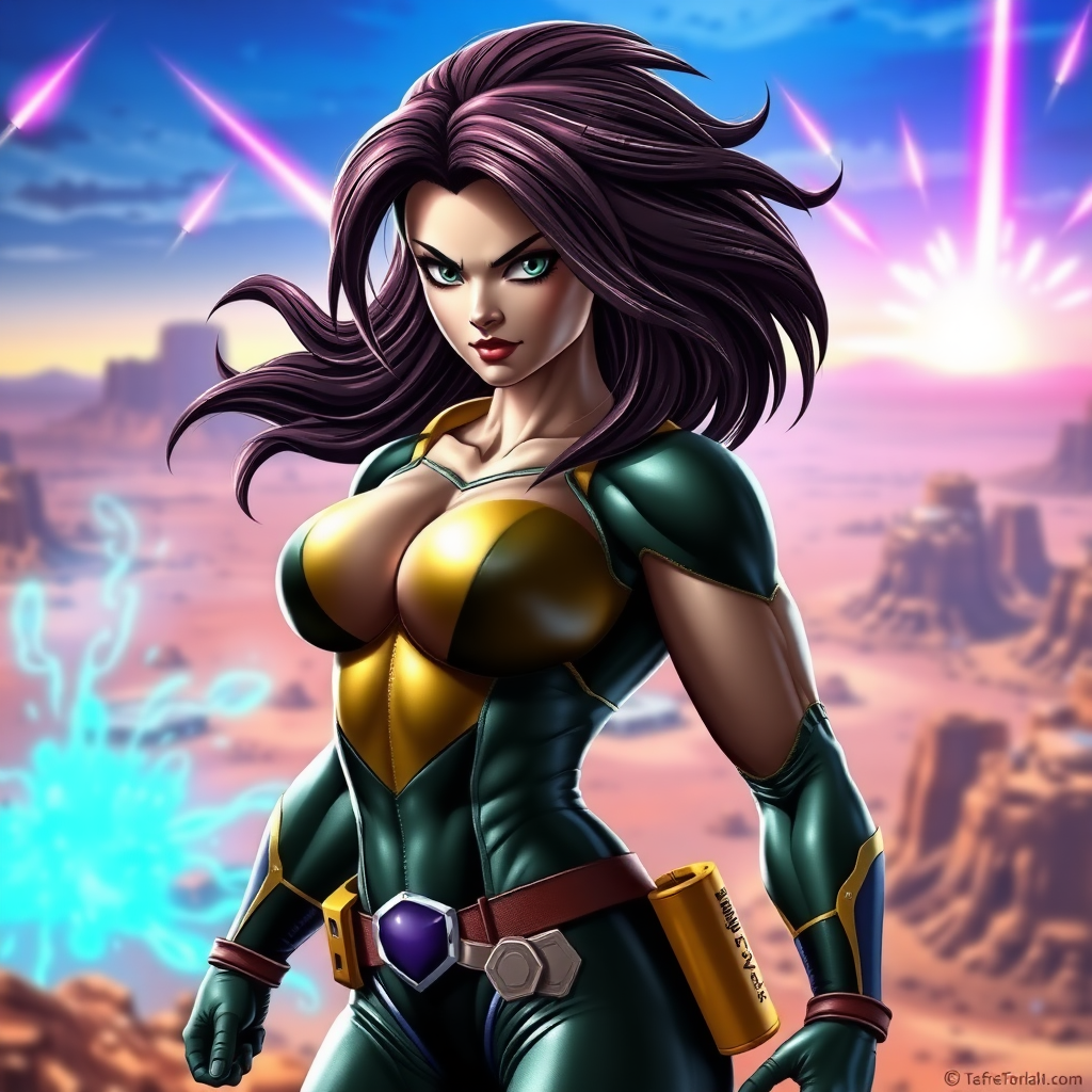 Generate a hyper-realistic image of the Marvel Comics character Rogue, retaining her original head. Modify her body to have the muscular physique of Vegeta from Dragon Ball, reflecting his anatomy while keeping Rogue's facial features and hair. Place her in a dynamic pose that showcases her powers. The background should merge elements from both the Marvel Universe and Dragon Ball, featuring a vibrant, action-packed setting that complements both characters, such as a deserted cityscape with energy blasts in the sky. Aim for a visually striking and detailed portrayal, capturing the essence of both characters.