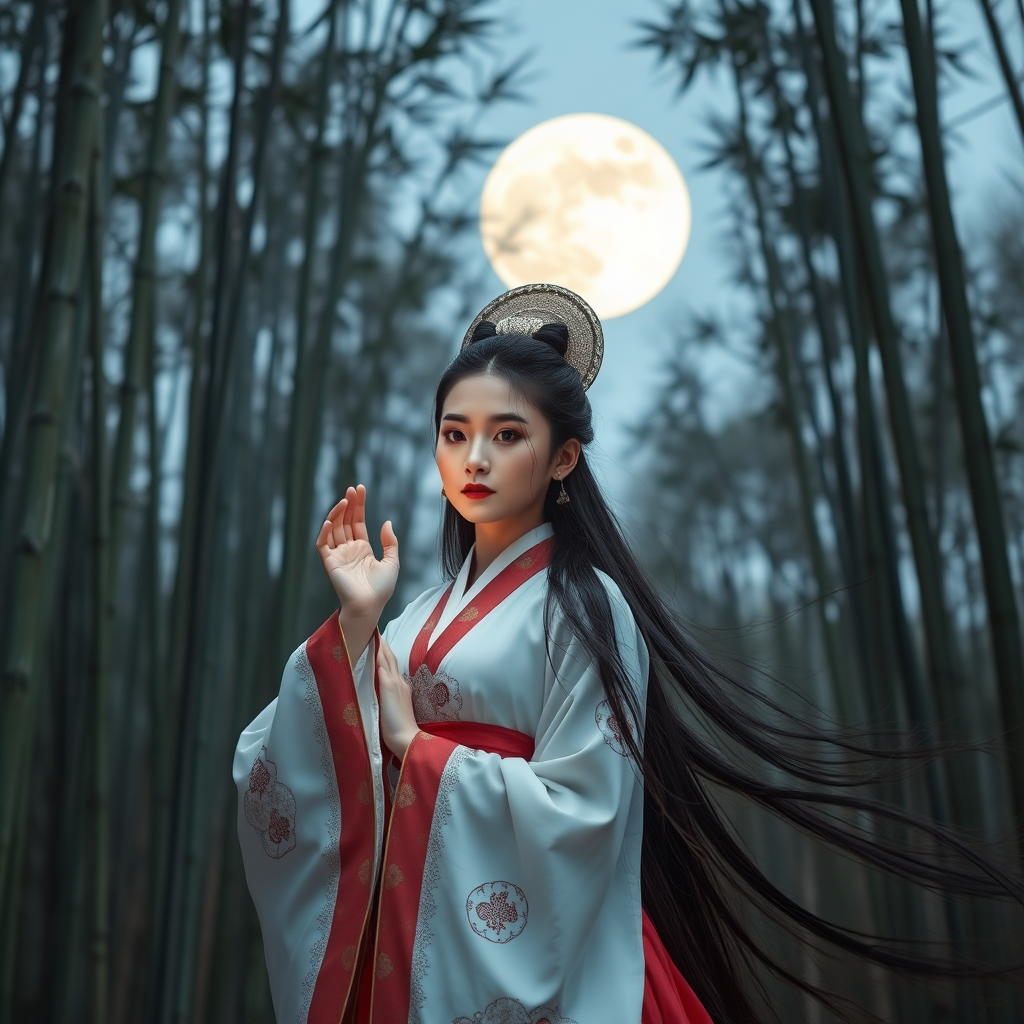 A Korean Woman in an ancient Hanbok, as a kumiho, in front the full moon in a bamboo forest