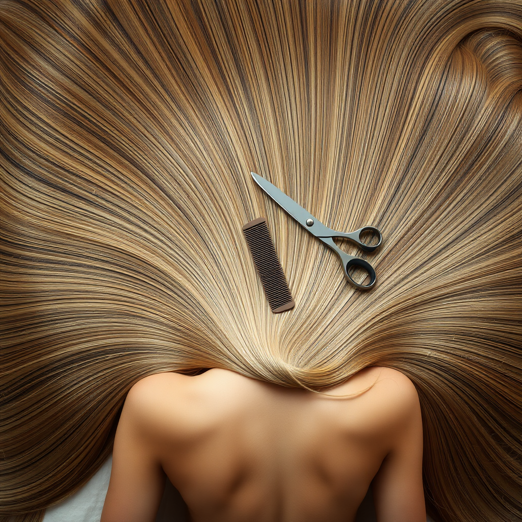 A beautiful woman laying on her back. Her very long hair meticulously fanned out in a geometrically precise semicircle to display its length and beauty. A comb and scissors are set on her fanned out hair inviting the viewer to cut her hair.