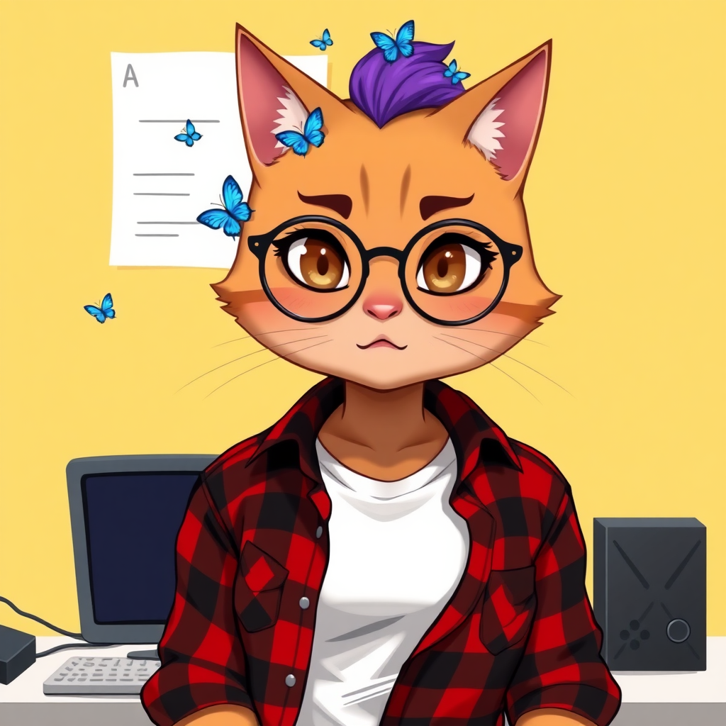 female lesbian cat-man flat chest serious brown color with little blue butterflies on the head, a round head, with a purple undercut hairstyle, hazel eyes, dimples on the cheeks, chubby cheeks, with semi-round glasses, a red and black checkered shirt open over a white t-shirt, in front of a desk with a gaming PC, in digital art.