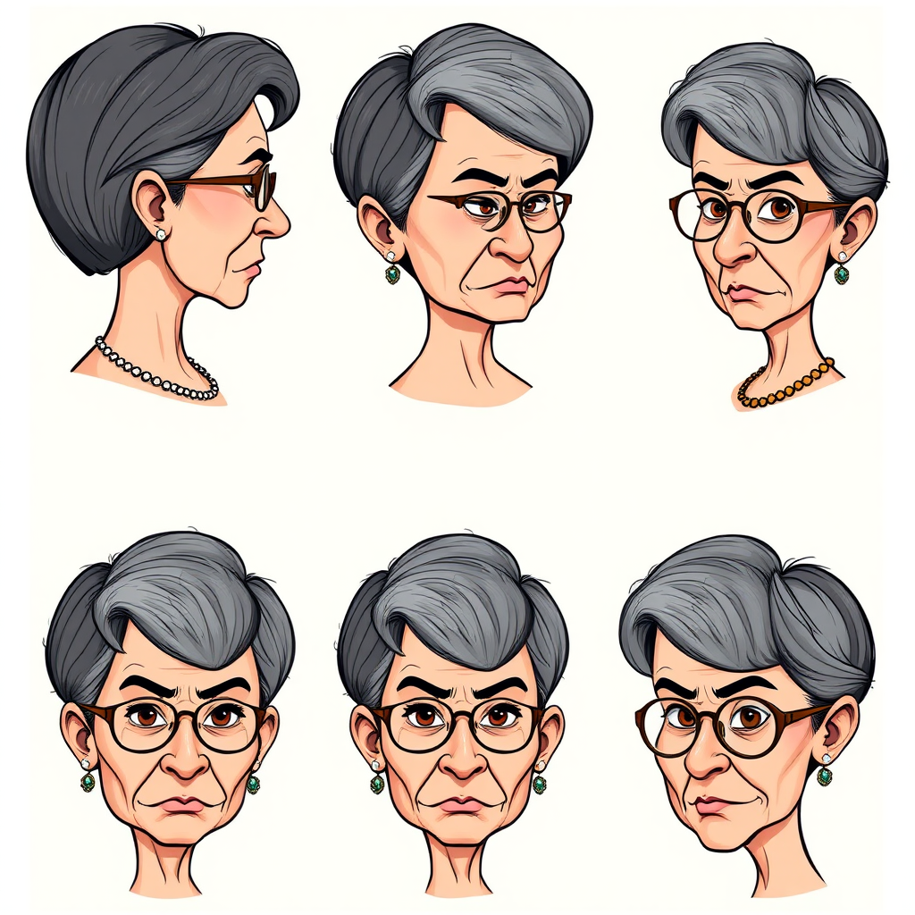 Photorealistic image of six headshots of a 50 Years old, European, Latina, sharp aquiline nose, wrinkles, high cheekbones, Middle Eastern, Skinny, Tanned skin, Dark light skin, full Makeup, jewelry, Sharp nose, frowning, exaggerated cartoon expression, lascive, dark grey Ash hair, short bowl haircut, Brown eye color, round Glasses, with detailed features. Each photo displays the same face in back, profile and front view, cut out and isolated on a green background. All six heads are visible side by side, empty space around each view, no overlapping. 2D, caricature, cartoon, Sketch lines, coloring book style, well composed, clean coloring book page, No dither, no gradient, strong outline, vector illustration.