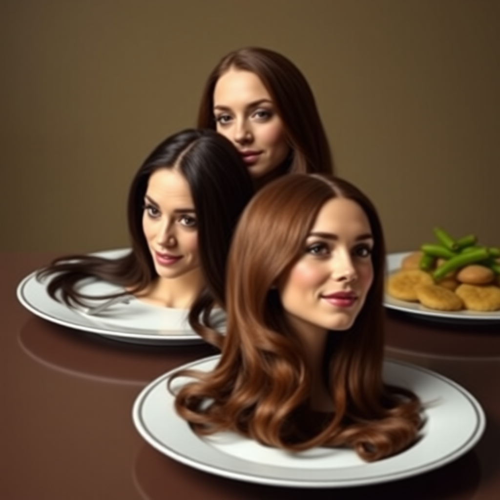 Surreal image of the disembodied heads of very long haired Meghan Markle and Kate Middleton served on plates.