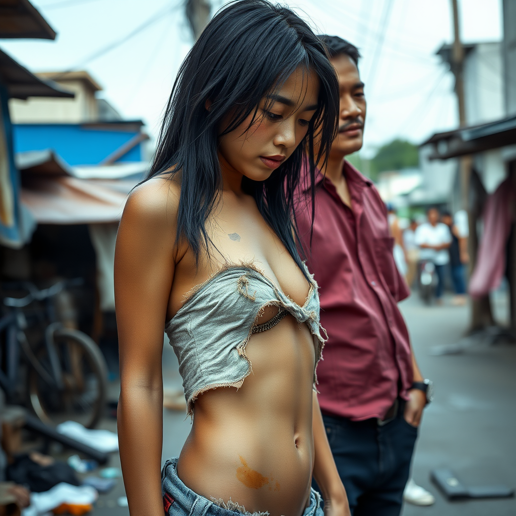 A young, loving but unkempt, neglected, homeless, and slightly malnourished Asian woman, with smooth, jet-black hair, looks as if she doesn’t belong to this world and is portrayed as a complete person with maximum allowed nudity. She is to be represented largely without clothing because she is slim and has an athletic body. The Asian woman has a very beautiful, normal, youthful, yet feminine physique. Her slender figure is enviable! Her sad, hopeless, and mystical facial expression is meant to dominate the image. Her skin is healthy but unclean, as she hasn’t been able to wash for days. Out of fear of her potential unpleasant odor, her sense of shame is heightened! The Asian woman wears a torn, old, completely transparent, extremely short, and cropped top and a completely torn, shredded, thin, short bottom. A clear sense of shame is visible on her face. No smile is evident. She feels beyond embarrassed. She is to be depicted with a small, flat belly button! Her stomach is completely visible. She has a noticeable wound on her face and appears as if she is about to cry. She looks pathetic, sad, and utterly hopeless! It seems she is afraid of something! She is crying in the end. Next to her stands a 60-year-old German man. The German man looks as if he is 45 and is a well-groomed man. He looks at the Asian woman as if he is offering her his help. The German man is shaved and slim, has a normal fashionable haircut, and his hair is dark brown. He wears a new, nice but plain wine-red shirt with a subtle pattern and new dark blue jeans. The German man looks sympathetic, smiles slightly, and looks at the Asian woman kindly, as if he has great pity for her. The Asian woman cannot look the German man in the eyes due to her embarrassment, but one can assume she likes him. The weather is hot. The scene takes place in a slum area. The woman is seen from the side.