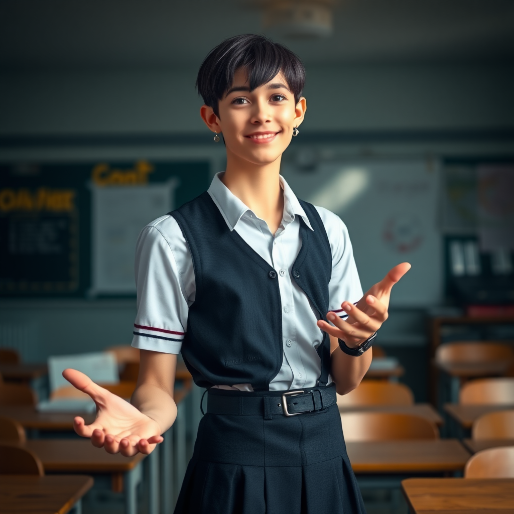 photorealistic, ultra high resolution, 16K, surreal fantasy, soft studio lighting, a pretty 17 year old goth male, slim male physique, short dark hair, blue eyes, goth makeup, earrings, sheer pantyhose, UK girls-school uniform, Mary-Jane shoes, standing in the classroom delivering a talk, excited smile, facing the camera.