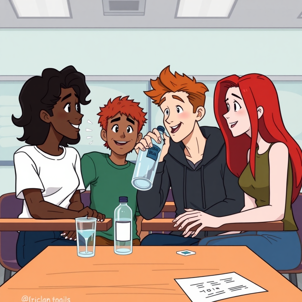 A black person with wavy hair, a short curly red-haired guy, a guy with long brown hair, and a non-binary person with red hair are all drinking a bottle of vodka together in a classroom at school during a class in an animated style.