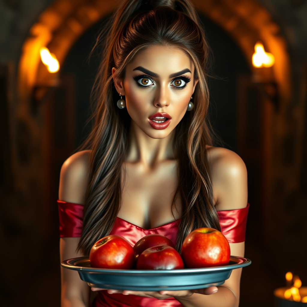 realistic photo of a surprised Arabian model with mouth open looking at the camera. She has very large eyes, black eyeshadow, black eyeliner, fake eyelashes, very tanned skin, very long hair. very high ponytail, she look likes princess jasmine, shinny red off shoulder crop top. photo realistic. She holds a metal tray with fruits just above her waist. crop top, shinny red skirt. full body view. shinny red pencil skirt. dungeon with fire torches in the background.