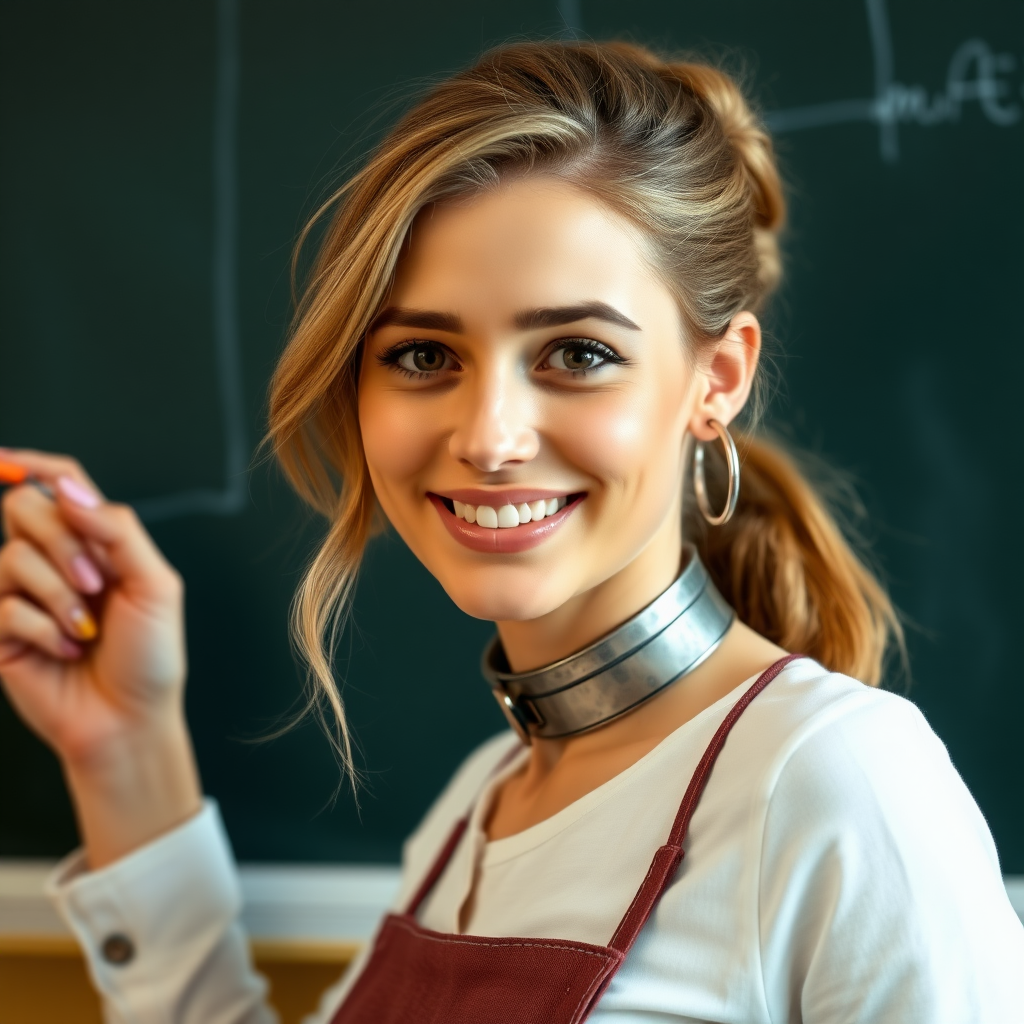 slim, 30 year old, sexy, french female school teacher, metal collar with a hook. She is smiling and teaching on a blackboard