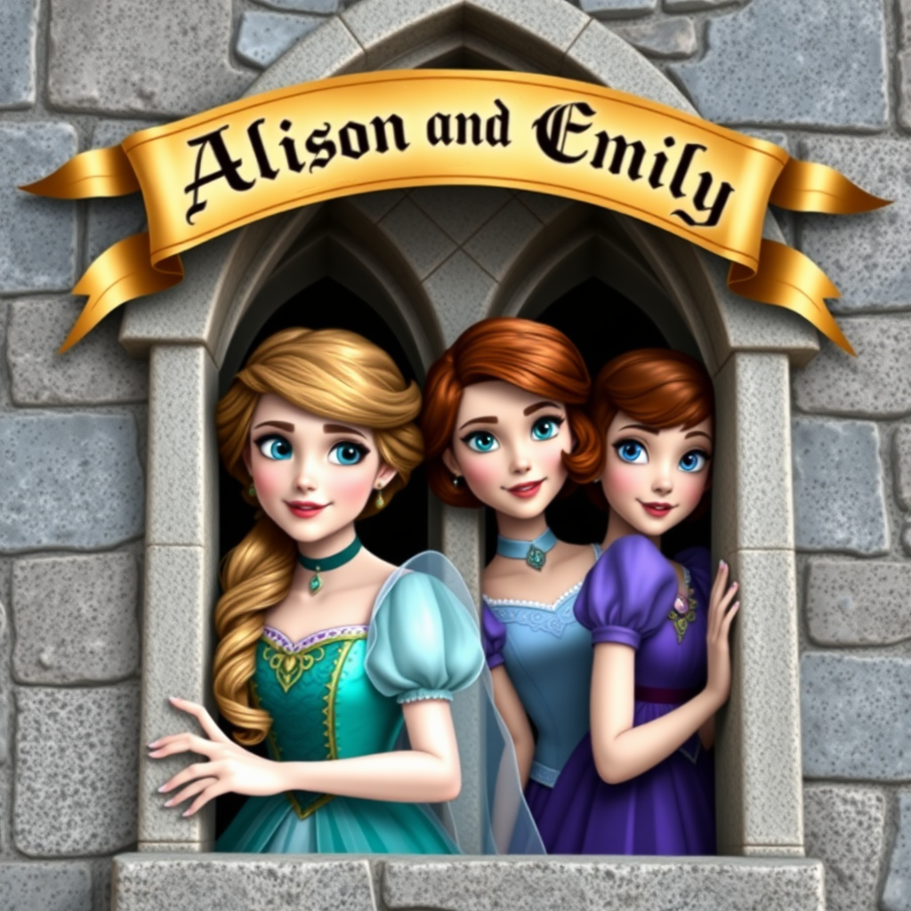 Two photo realistic princesses, one with light brown hair, blue eyes and aqua colored dress and the other with short auburn hair, blue eyes and purple dress peeking out the window of a castle with a medieval banner overhead saying "Allison and Emily"