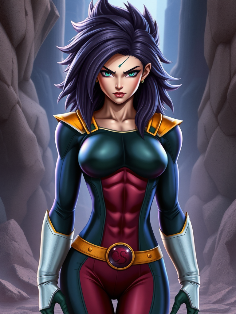 Create a hyper-realistic image featuring Marvel's Rogue with the body type of Vegeta from Dragon Ball. Maintain Rogue's original head, but adjust her anatomy to align with Vegeta's physique. Design a background that is a fitting blend of both Marvel and Dragon Ball universes, reflecting elements from each world for a cohesive and thematic setting.